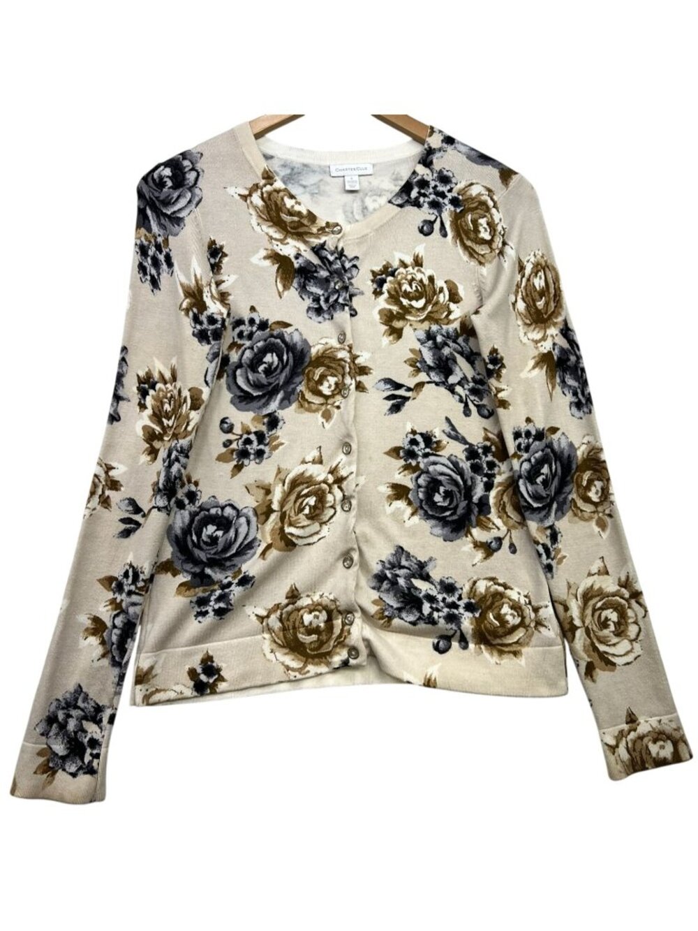 Charter Club Women's Cardigan Sweater Long Sleeve Size Small Beige Blue Floral
